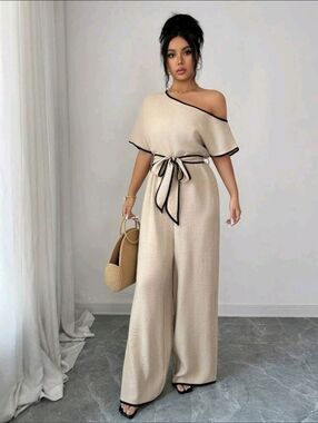 Classy Beige Off-Shoulder Wide-Leg Jumpsuit with Black Trim & Bow Size 6 & 12